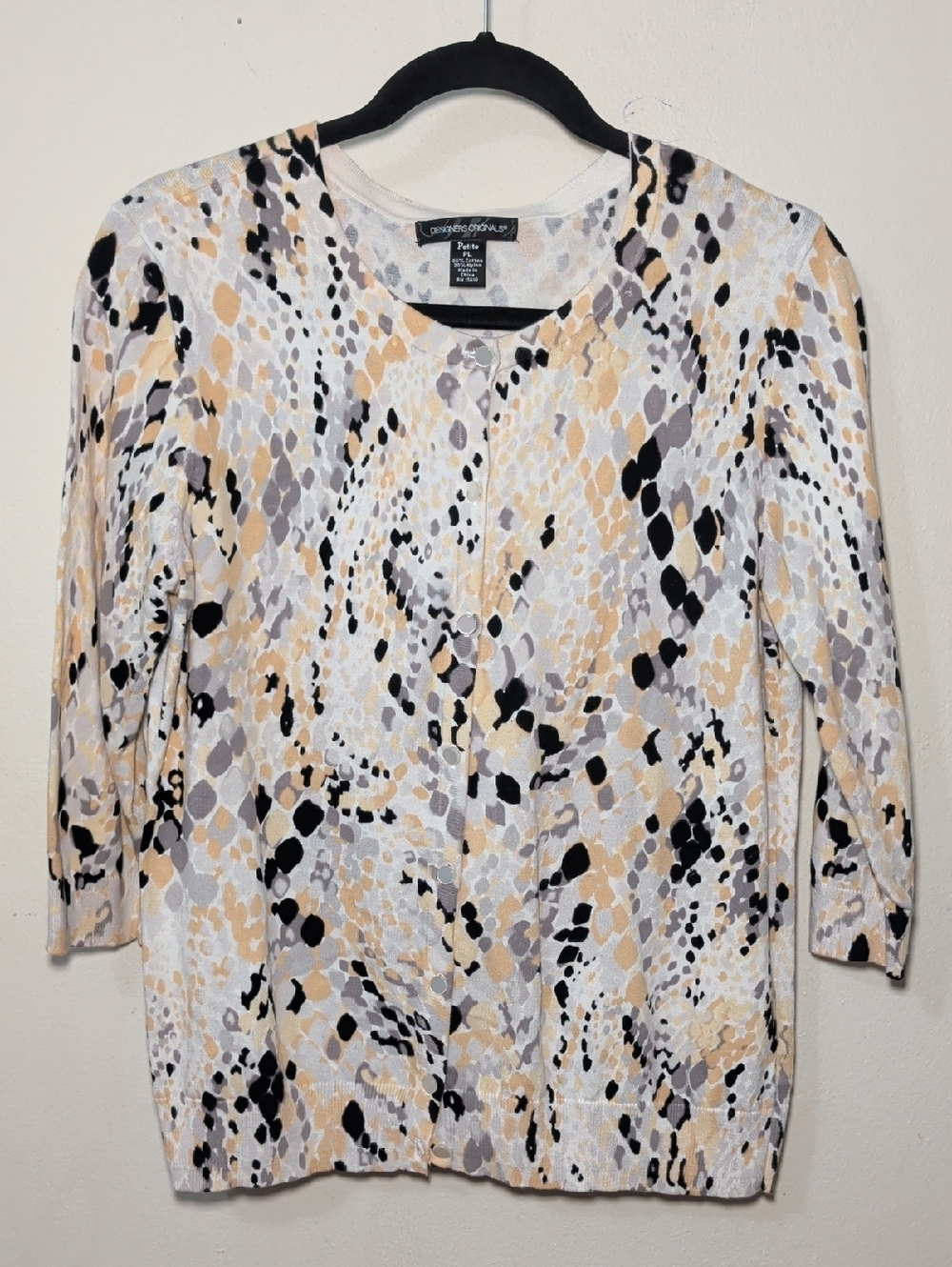 Designers Originals Cardigan White Yellow Black Button-Front 3/4 Sleeve Size PL